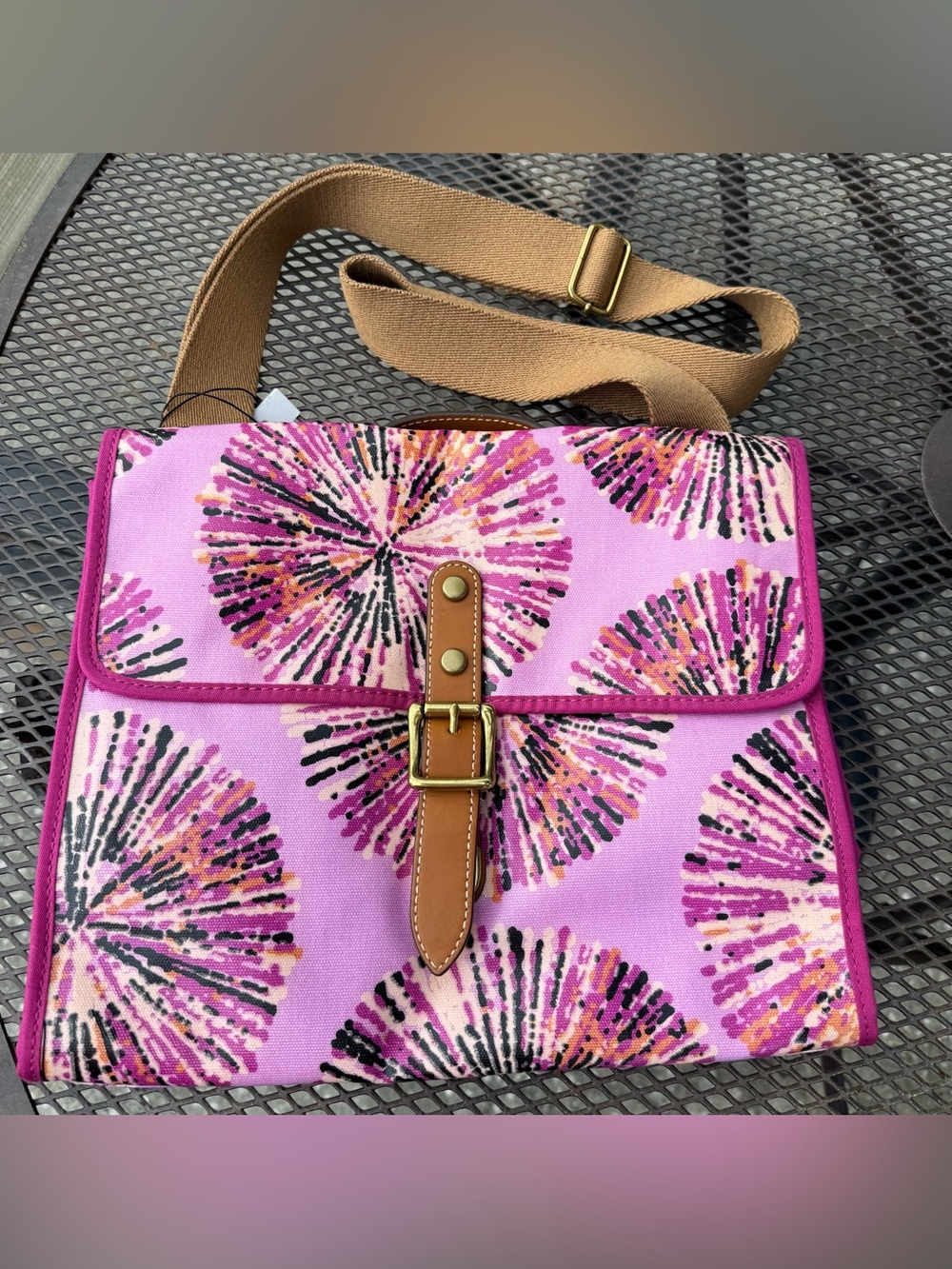 Fossil Purple Pink Burst Print PVC Coated Canvas Crossbody Bag Buckle Flap